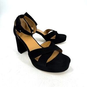 Quince Black Suede Platform Block Heel Sandals Ankle Strap 6.5